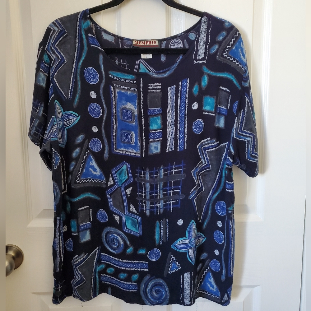 90's Memphis Blue Funky Pattern Loose Fit Short Sleeve Rayon Top Women's Size L